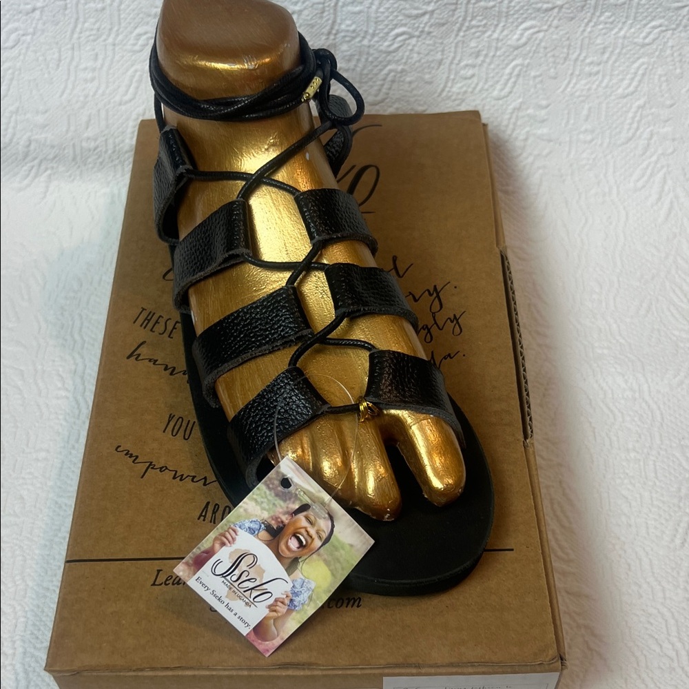 Sseko Handcrafted Black Strappy Leather Wrap Sandals - Gladiator style